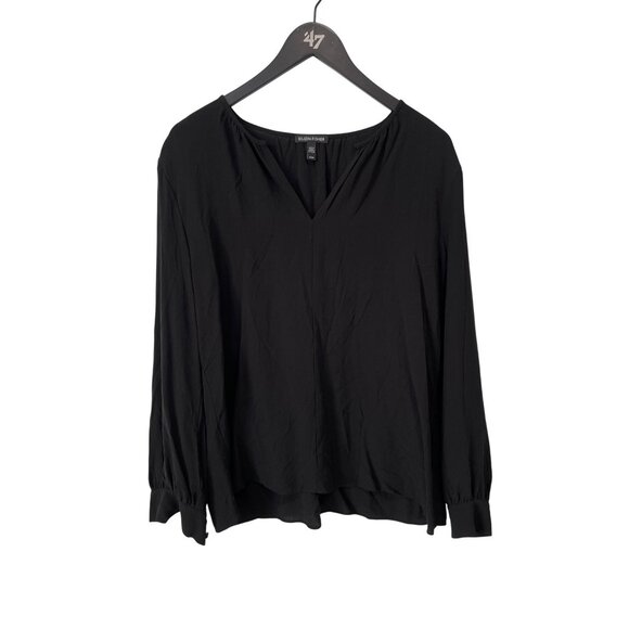 Eileen Fisher Silk Blouse Size Medium V Neck Long Sleeve Black Career Officewear - Picture 1 of 7